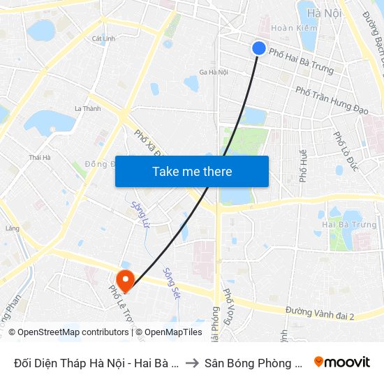 Đối Diện Tháp Hà Nội - Hai Bà Trưng (Cạnh 56 Hai Bà Trưng) to Sân Bóng Phòng Không - Không Quân map