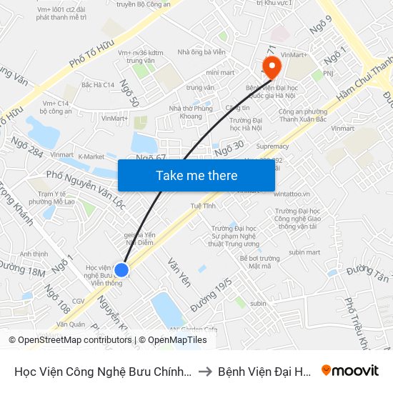 Học Viện Công Nghệ Bưu Chính Viễn Thông - Trần Phú (Hà Đông) to Bệnh Viện Đại Học Quốc Gia Hà Nội map