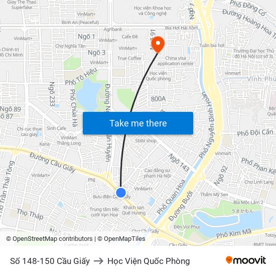 Số 148-150 Cầu Giấy to Học Viện Quốc Phòng map