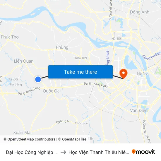Đại Học Công Nghiệp Việt Hung to Học Viện Thanh Thiếu Niên Việt Nam map