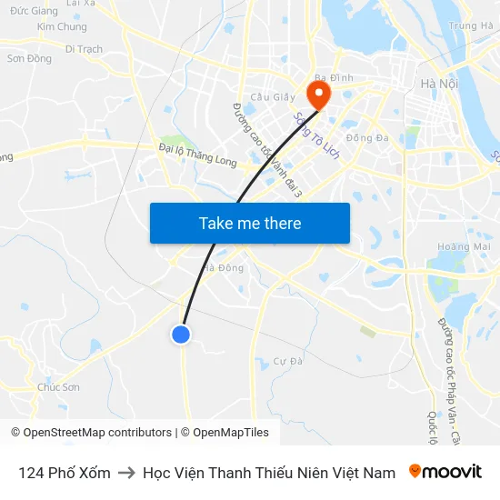 124 Phố Xốm to Học Viện Thanh Thiếu Niên Việt Nam map