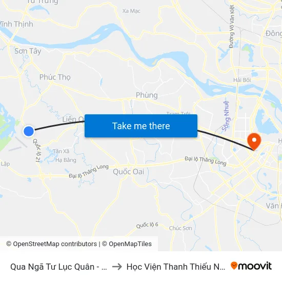 Qua Ngã Tư Lục Quân - Quốc Lộ 21a to Học Viện Thanh Thiếu Niên Việt Nam map