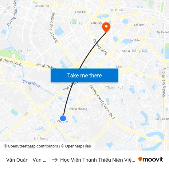 Văn Quán - Van Quan to Học Viện Thanh Thiếu Niên Việt Nam map