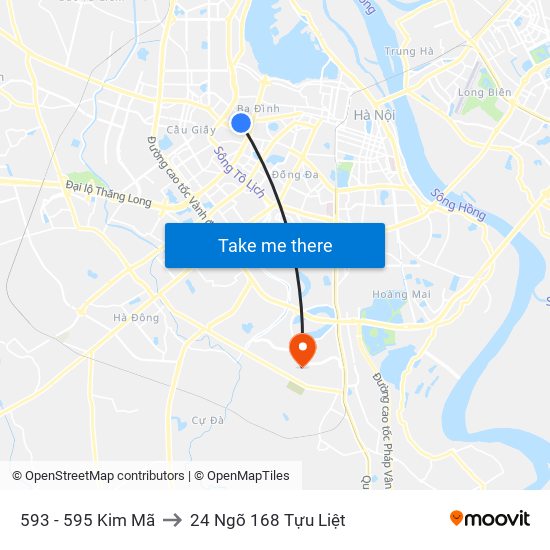 593 - 595 Kim Mã to 24 Ngõ 168 Tựu Liệt map