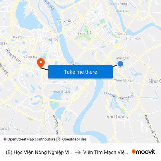 (B) Học Viện Nông Nghiệp Việt Nam to Viện Tim Mạch Việt Nam map