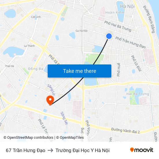 67 Trần Hưng Đạo to Trường Đại Học Y Hà Nội map