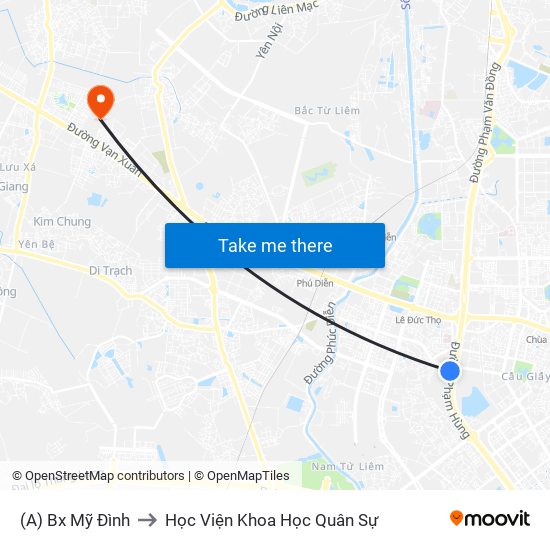 (A) Bx Mỹ Đình to Học Viện Khoa Học Quân Sự map