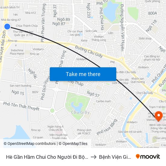 Hè Gần Hầm Chui Cho Người Đi Bộ Qua Đường Khu Vực Cầu Mai Dịch (Trước Cổng Trường Đhnn 70m) to Bệnh Viện Giao Thông Vận Tải Trung Ương map
