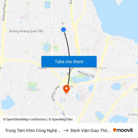 Trung Tâm Khtn Công Nghệ Quốc Gia - 18 Hoàng Quốc Việt to Bệnh Viện Giao Thông Vận Tải Trung Ương map