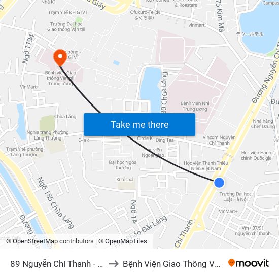 89 Nguyễn Chí Thanh - Ktx Đại Học Luật to Bệnh Viện Giao Thông Vận Tải Trung Ương map