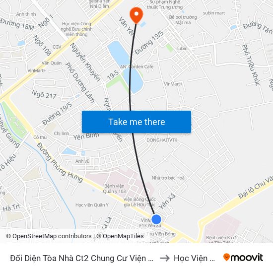 Đối Diện Tòa Nhà Ct2 Chung Cư Viện Bỏng, Gần Ngã Ba Yên Xá - Phùng Hưng (Hà Đông) to Học Viện An Ninh Nhân Dân map