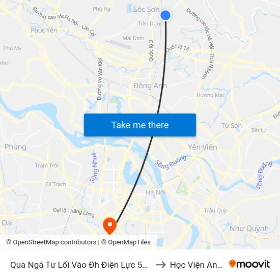 Qua Ngã Tư Lối Vào Đh Điện Lực 50m - Đường Núi Đôi, Thị Trấn Sóc Sơn to Học Viện An Ninh Nhân Dân map
