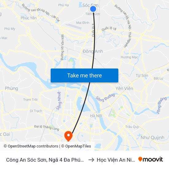 Công An Sóc Sơn, Ngã 4 Đa Phúc - Km 24+650 Quốc Lộ 3 to Học Viện An Ninh Nhân Dân map