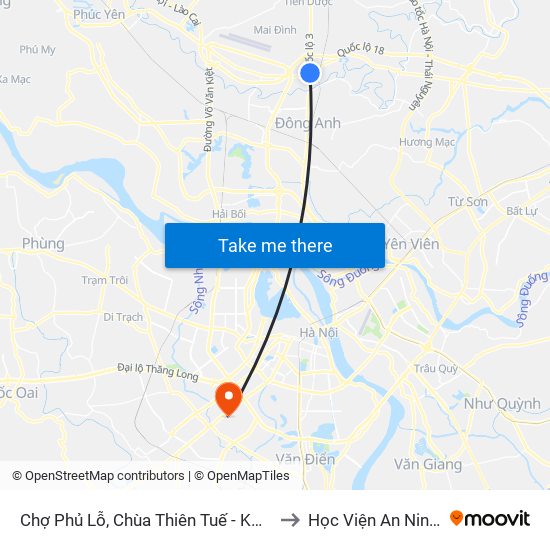 Chợ Phủ Lỗ, Chùa Thiên Tuế - Km 18+600 Quốc Lộ 3 to Học Viện An Ninh Nhân Dân map