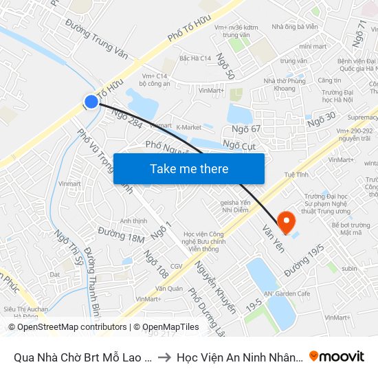 Qua Nhà Chờ Brt Mỗ Lao 30m to Học Viện An Ninh Nhân Dân map