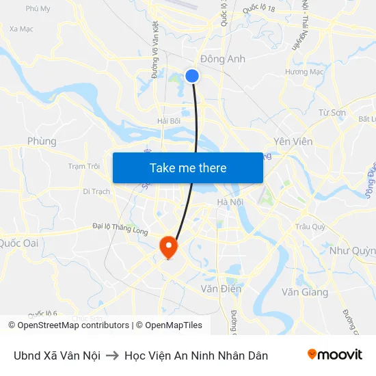 Ubnd Xã Vân Nội to Học Viện An Ninh Nhân Dân map