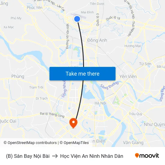 (B) Sân Bay Nội Bài to Học Viện An Ninh Nhân Dân map