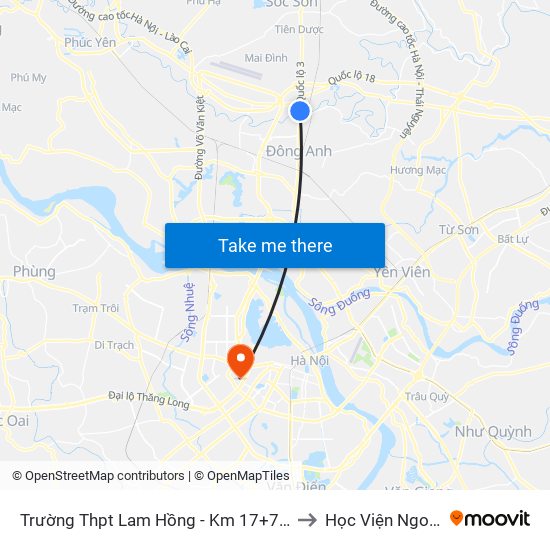 Trường Thpt Lam Hồng - Km 17+750 Quốc Lộ 3 to Học Viện Ngoại Giao map