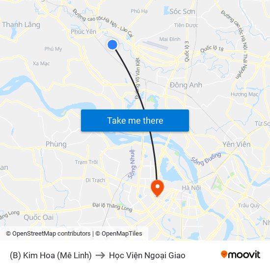 (B) Kim Hoa (Mê Linh) to Học Viện Ngoại Giao map