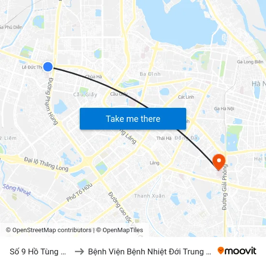 Số 9 Hồ Tùng Mậu to Bệnh Viện Bệnh Nhiệt Đới Trung Ương map