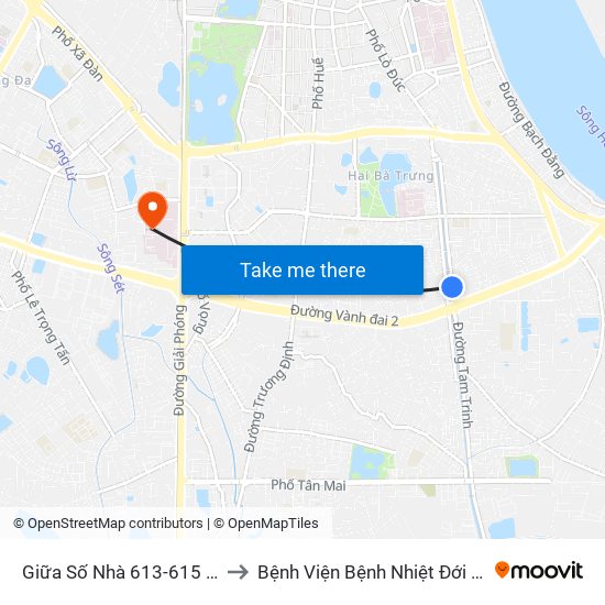 Giữa Số Nhà 613-615 Kim Ngưu to Bệnh Viện Bệnh Nhiệt Đới Trung Ương map