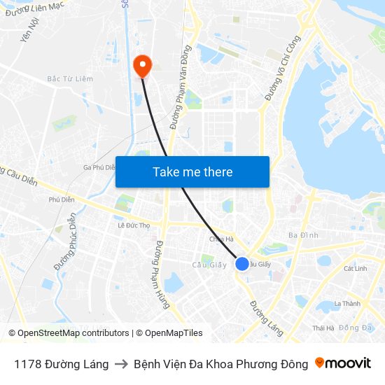 1178 Đường Láng to Bệnh Viện Đa Khoa Phương Đông map