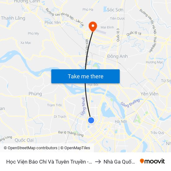 Học Viện Báo Chí Và Tuyên Truyền - 36 Xuân Thủy to Nhà Ga Quốc Tế T2 map