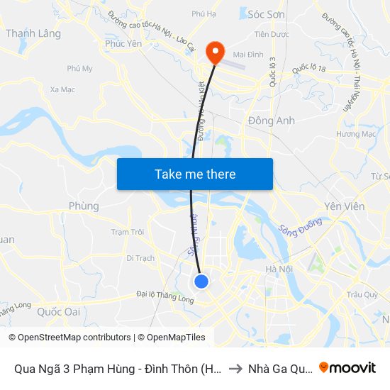 Qua Ngã 3 Phạm Hùng - Đình Thôn (Hướng Đi Phạm Văn Đồng) to Nhà Ga Quốc Tế T2 map