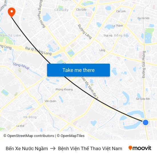 Bến Xe Nước Ngầm to Bệnh Viện Thể Thao Việt Nam map