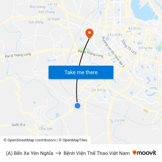 (A) Bến Xe Yên Nghĩa to Bệnh Viện Thể Thao Việt Nam map