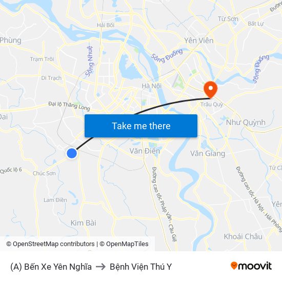 (A) Bến Xe Yên Nghĩa to Bệnh Viện Thú Y map