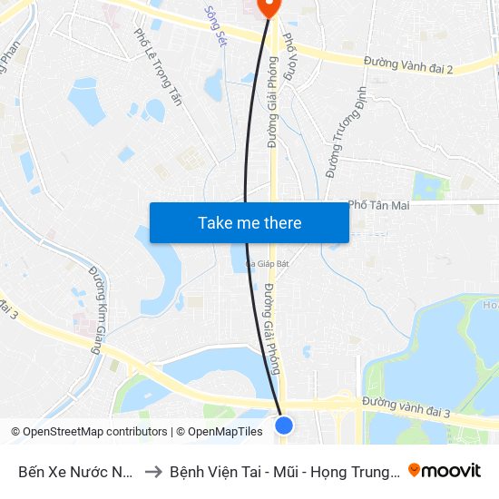 Bến Xe Nước Ngầm to Bệnh Viện Tai - Mũi - Họng Trung Ương map