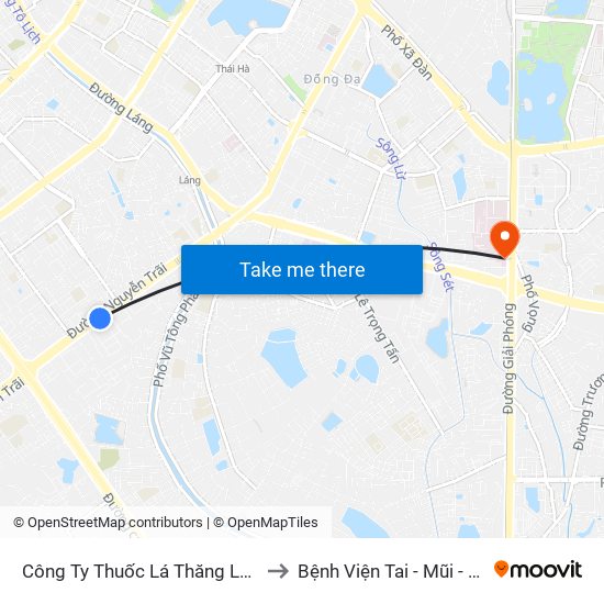 Công Ty Thuốc Lá Thăng Long - 235 Nguyễn Trãi to Bệnh Viện Tai - Mũi - Họng Trung Ương map