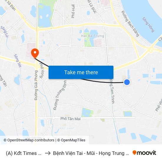 (A) Kđt Times City to Bệnh Viện Tai - Mũi - Họng Trung Ương map