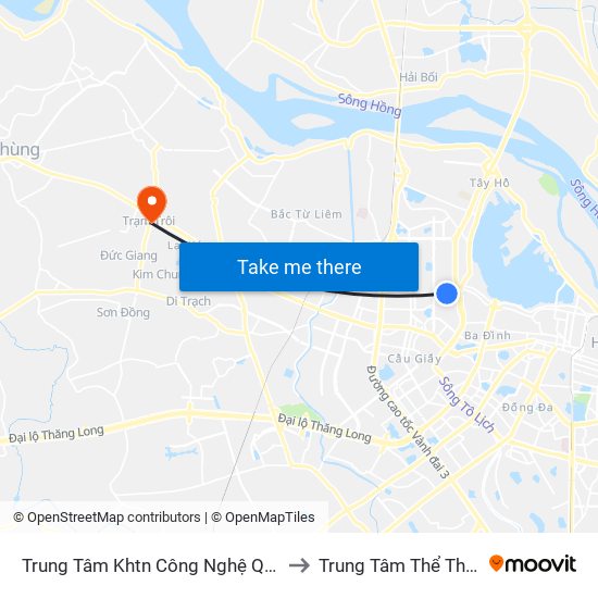 Trung Tâm Khtn Công Nghệ Quốc Gia - 18 Hoàng Quốc Việt to Trung Tâm Thể Thao Huyện Hoài Đức map