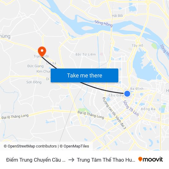 Điểm Trung Chuyển Cầu Giấy - Gtvt 02 to Trung Tâm Thể Thao Huyện Hoài Đức map