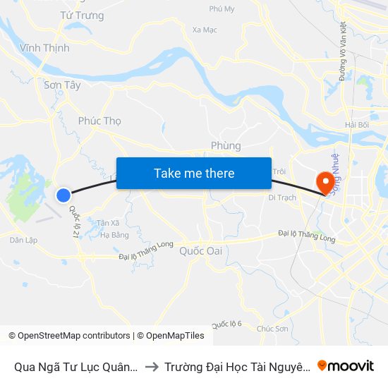 Qua Ngã Tư Lục Quân - Quốc Lộ 21a to Trường Đại Học Tài Nguyên Và Môi Trường map