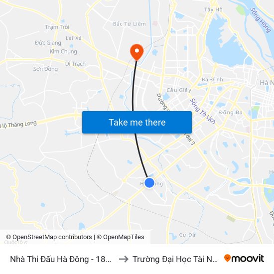 Nhà Thi Đấu Hà Đông - 182 Quang Trung (Hà Đông) to Trường Đại Học Tài Nguyên Và Môi Trường map