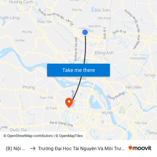 (B) Nội Bài to Trường Đại Học Tài Nguyên Và Môi Trường map