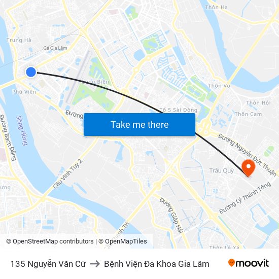 135 Nguyễn Văn Cừ to Bệnh Viện Đa Khoa Gia Lâm map