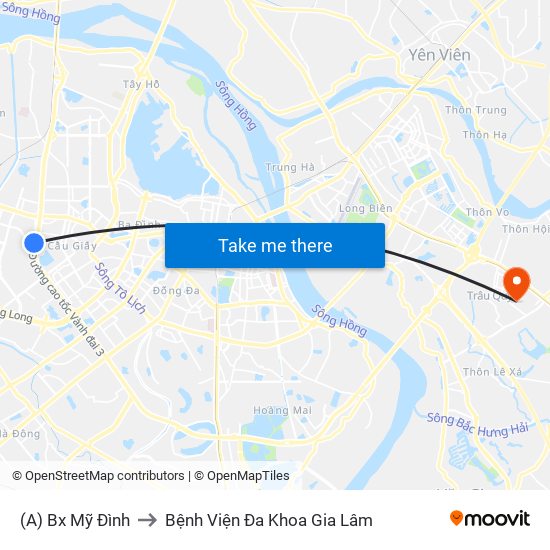 (A) Bx Mỹ Đình to Bệnh Viện Đa Khoa Gia Lâm map