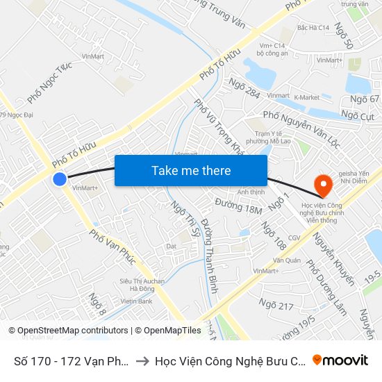 Số 170 - 172 Vạn Phúc - Hà Đông to Học Viện Công Nghệ Bưu Chính Viễn Thông map