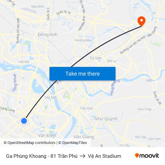 Ga Phùng Khoang - 81 Trần Phú to Vệ An Stadium map