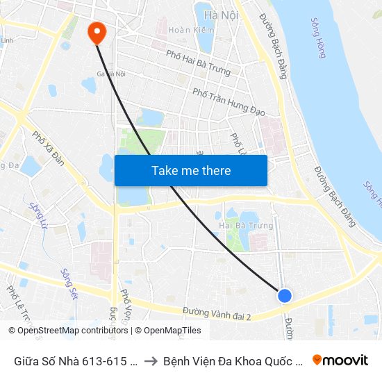 Giữa Số Nhà 613-615 Kim Ngưu to Bệnh Viện Đa Khoa Quốc Tế Hồng Hà map