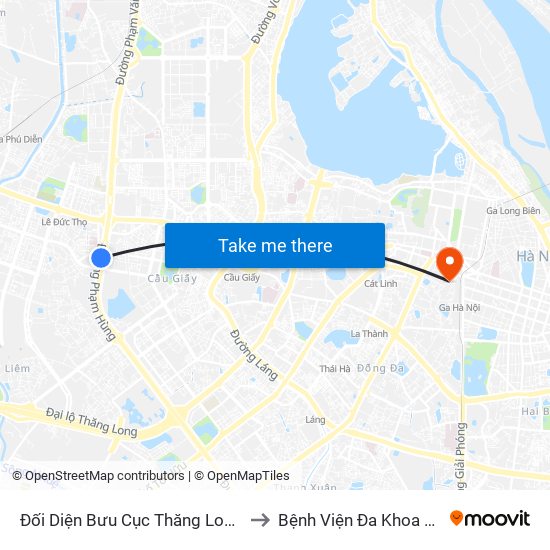 Đối Diện Bưu Cục Thăng Long - Đường Phạm Hùng to Bệnh Viện Đa Khoa Quốc Tế Hồng Hà map