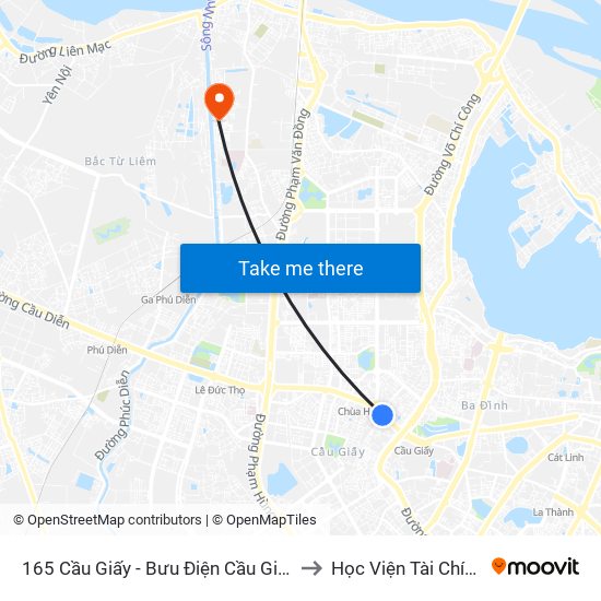 165 Cầu Giấy - Bưu Điện Cầu Giấy to Học Viện Tài Chính map