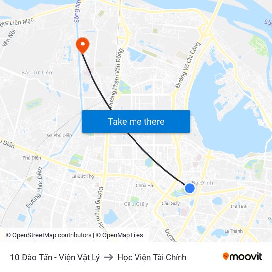 10 Đào Tấn - Viện Vật Lý to Học Viện Tài Chính map