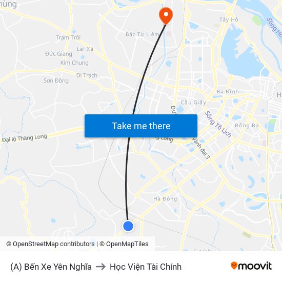 (A) Bến Xe Yên Nghĩa to Học Viện Tài Chính map