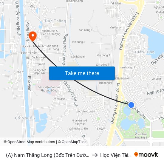 (A) Nam Thăng Long (Bđx Trên Đường Đỗ Nhuận) to Học Viện Tài Chính map