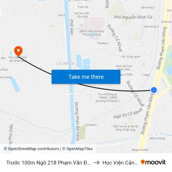 Trước 100m Ngõ 218 Phạm Văn Đồng (Đối Diện Công Viên Hòa Bình) to Học Viện Cảnh Sát Nhân Dân map